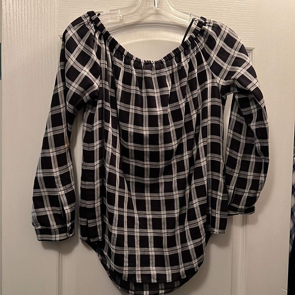 Rag and Bone plaid off the shoulder long sleeve blouse